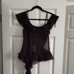LPA Dark Brown Ruffled Blouse NWT